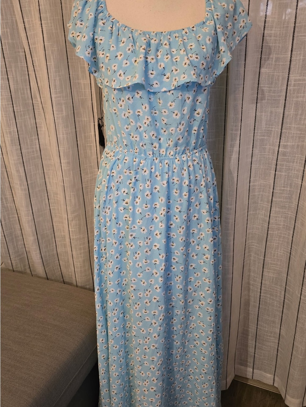 miami Light Blue Floral Ruffle Maxi Dress